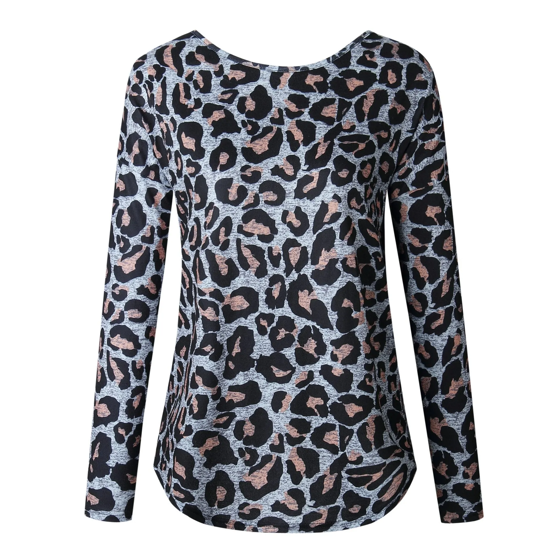 Leopard Printed Long Sleeves Backless T-shirt Top