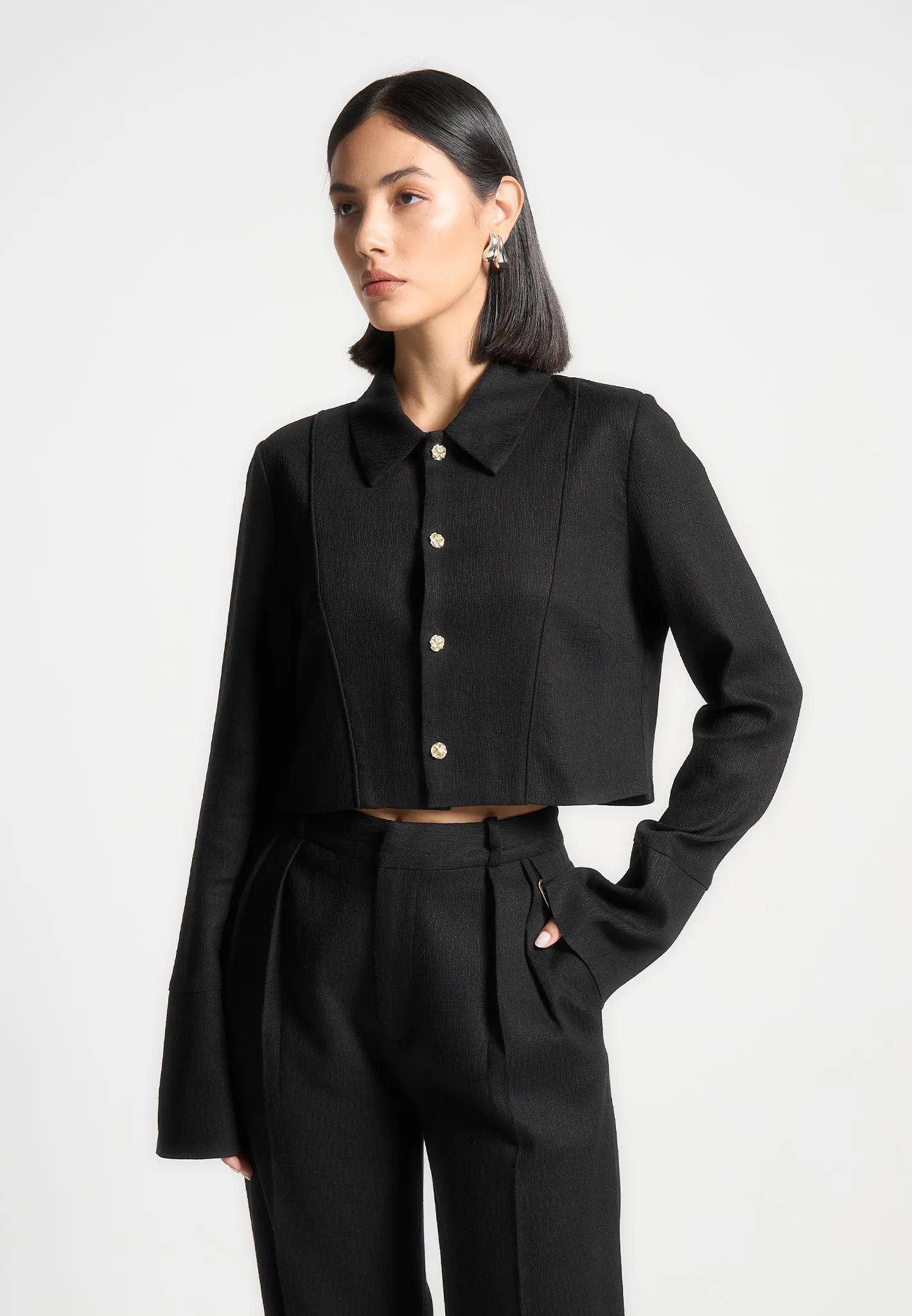 Linen Pintuck Cropped Shirt - Black