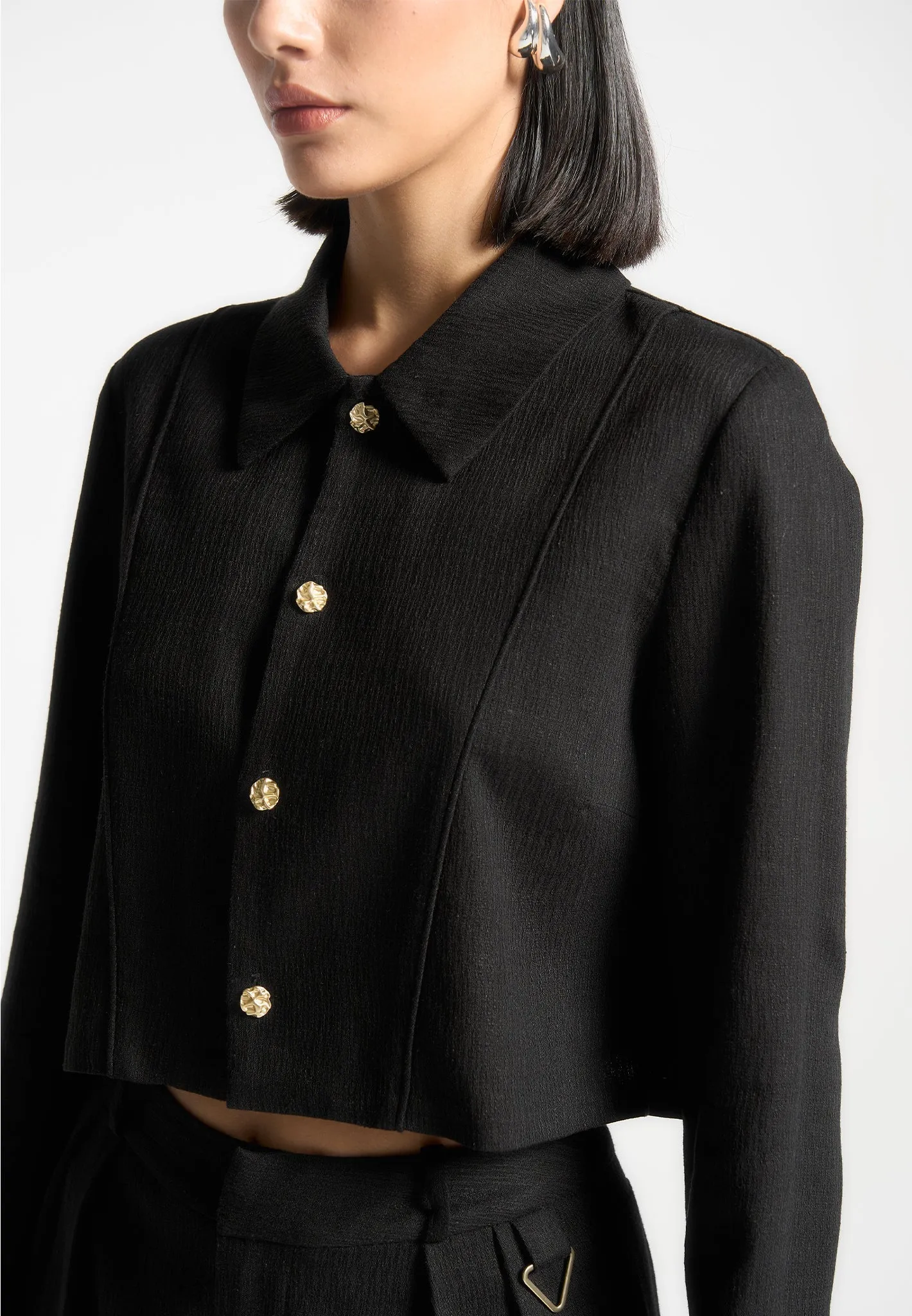 Linen Pintuck Cropped Shirt - Black