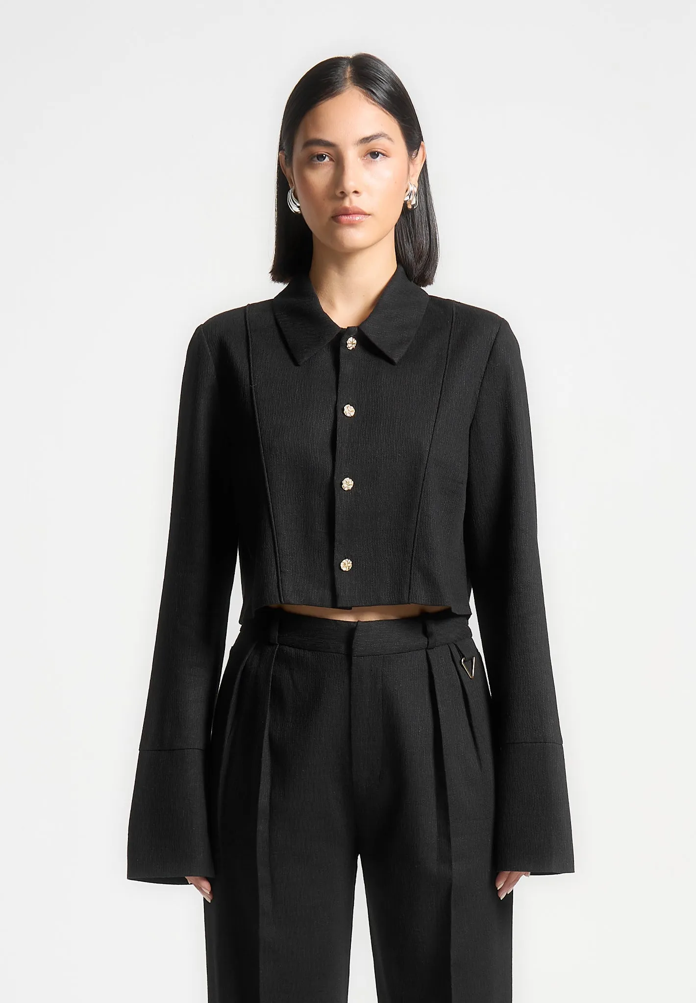 Linen Pintuck Cropped Shirt - Black