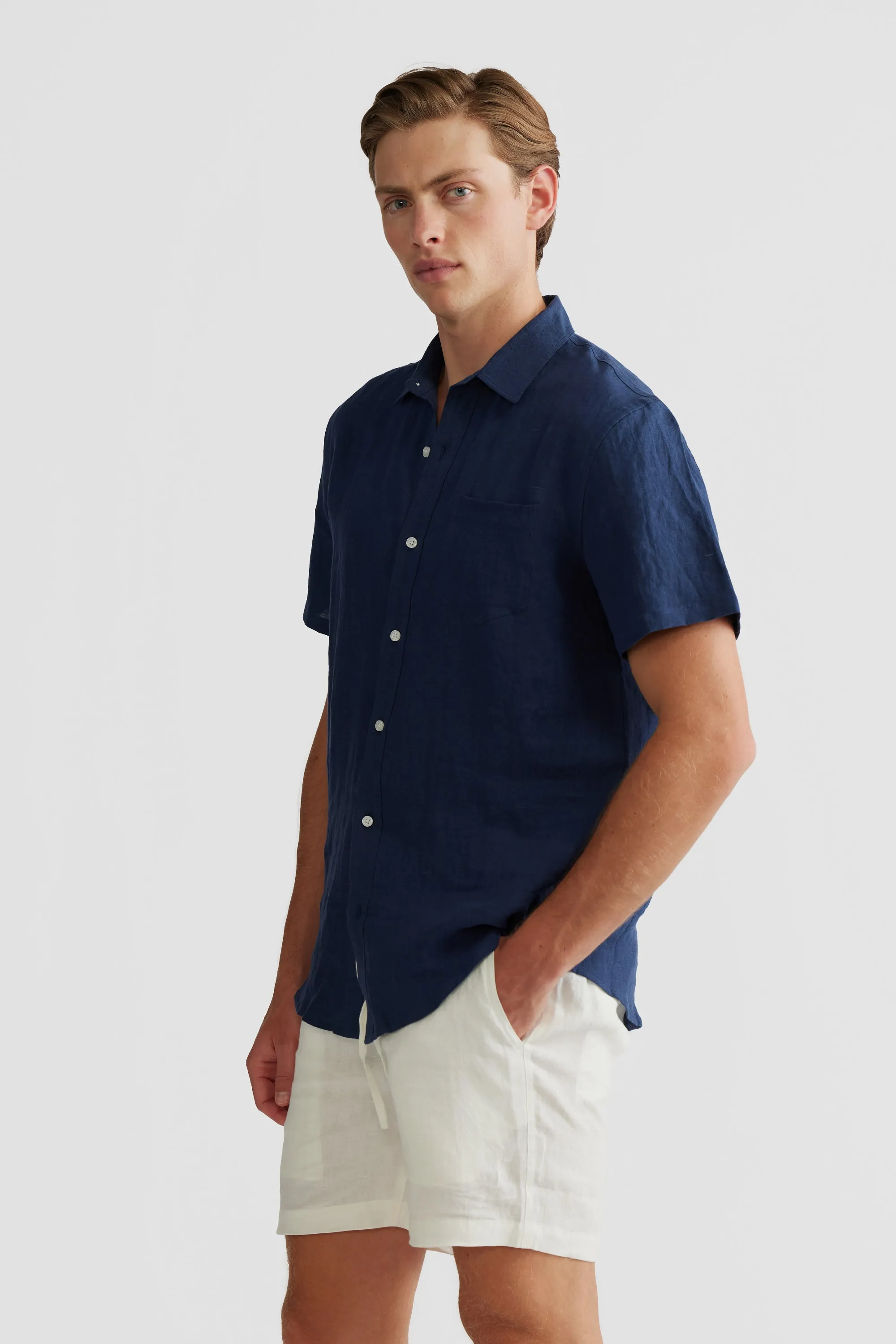 Linen Shirt Short Sleeve Navy