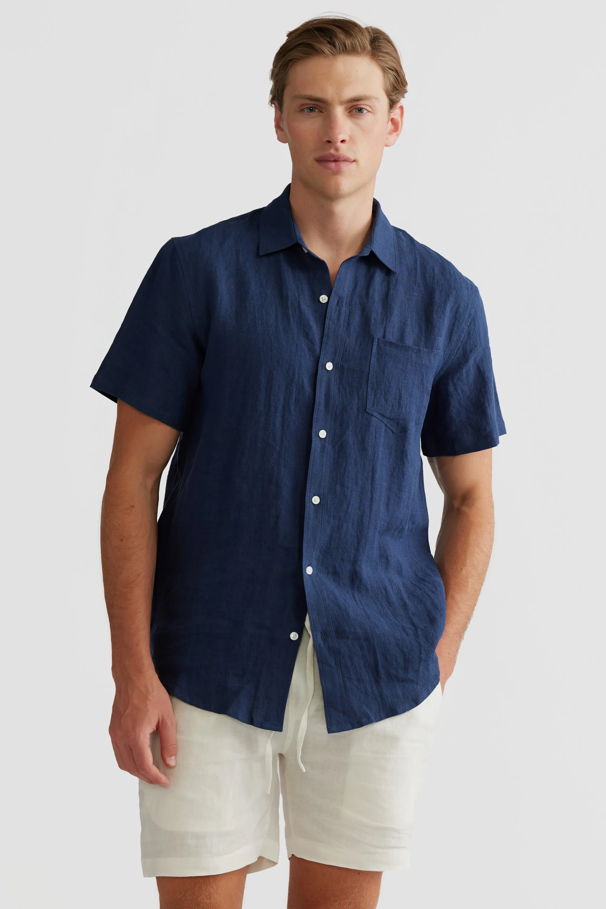 Linen Shirt Short Sleeve Navy