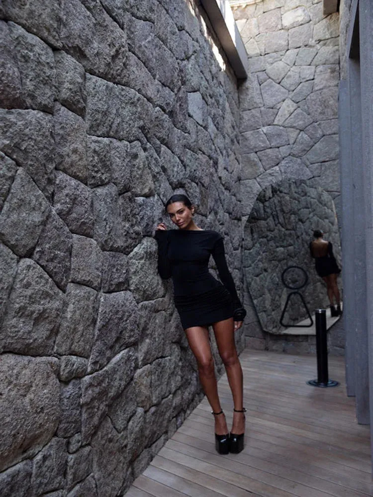 LVSANW Articat Autumn 2024 Long Sleeve Tight Dress For Women Sexy Backless Bodycon Mini Dress Fold Female Party Club  Evening Dress