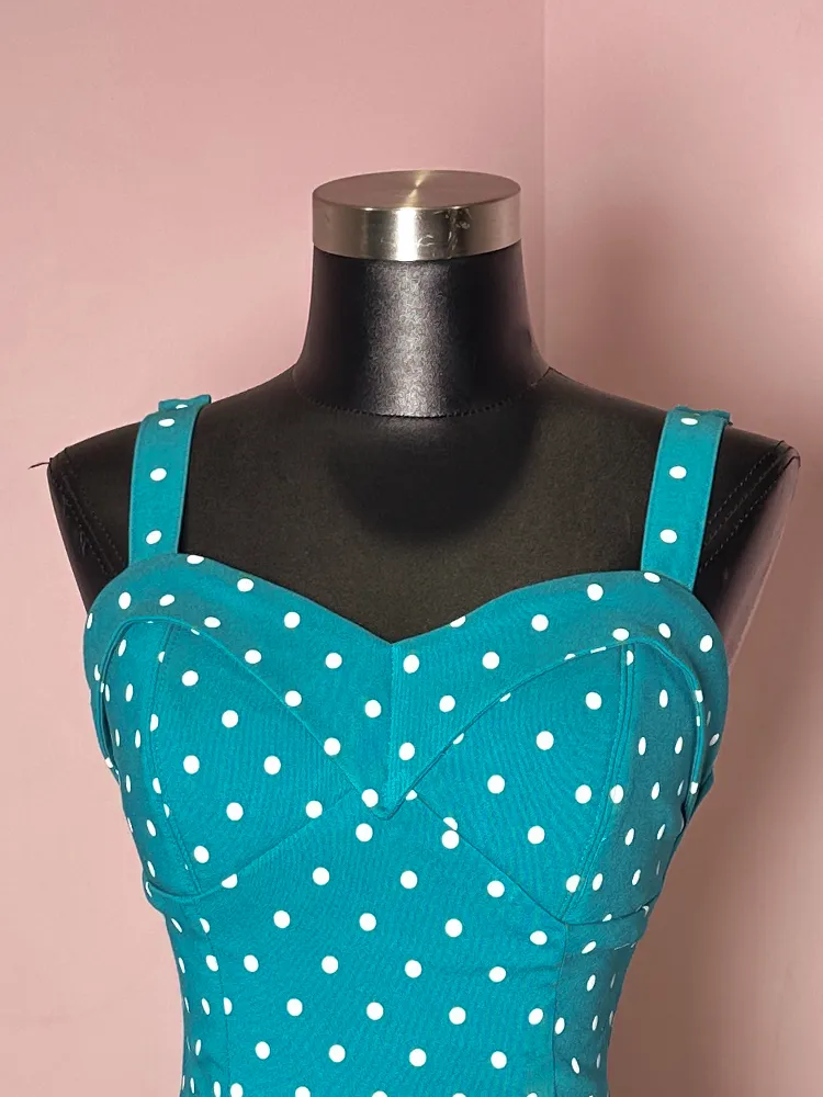 Maneater Swing Dress in Teal Blue Polka Dot - Vixen by Micheline Pitt
