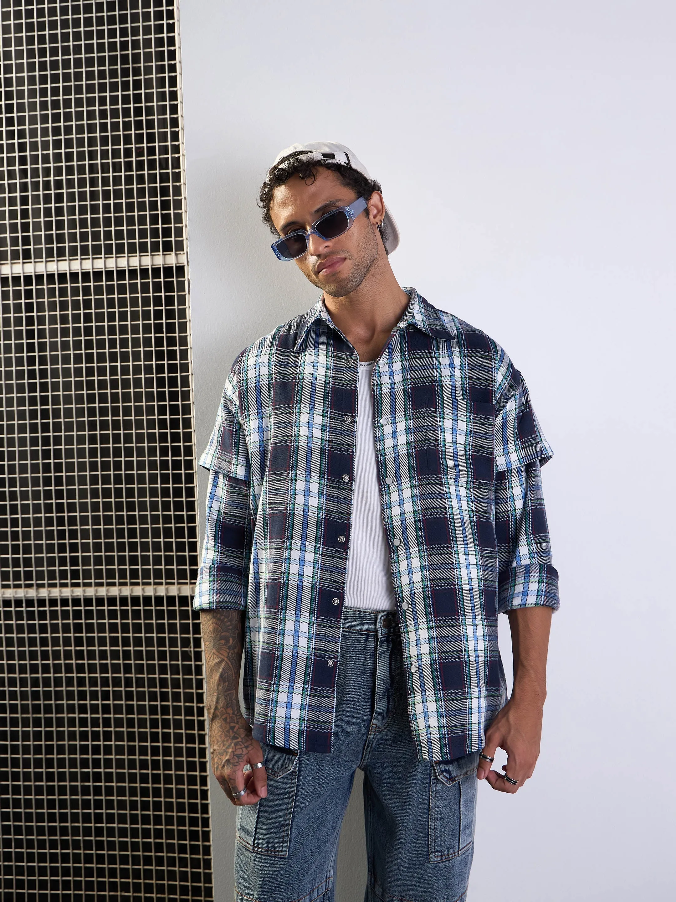 Men Blue & White Check Overlap Sleeves Oversize Shirt