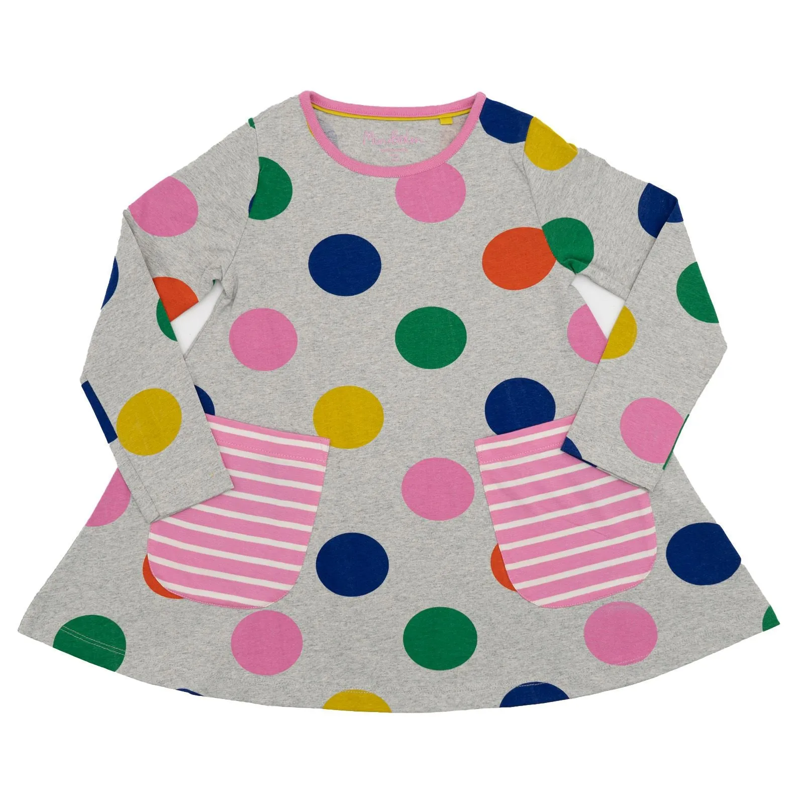 Mini Boden Girls Grey Polka Dot Jersey Long Sleeve Dresses