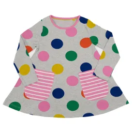 Mini Boden Girls Grey Polka Dot Jersey Long Sleeve Dresses