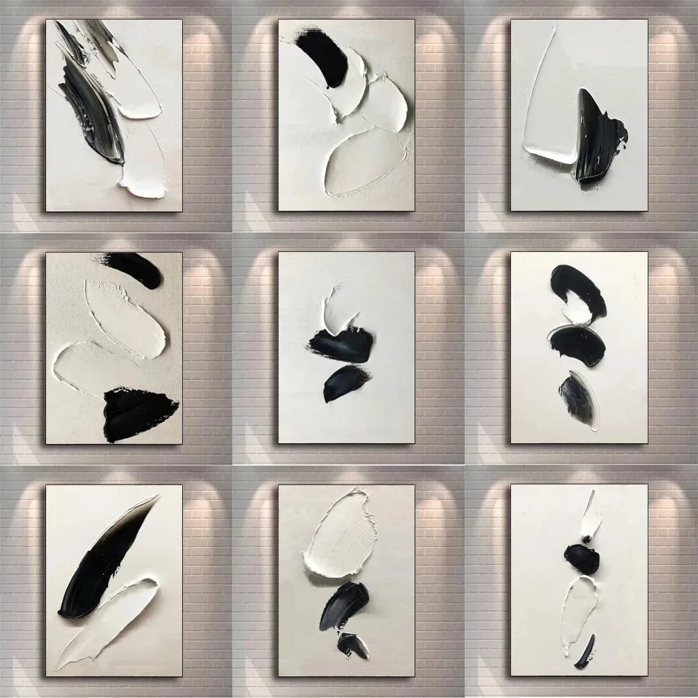 Modern Giclee Black and White Abstract Minimalist Art Canvas Prints | 3D Textured Wall Décor for Living Room