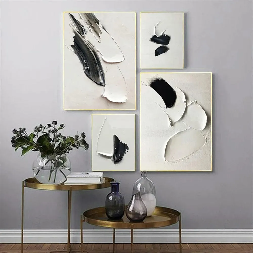 Modern Giclee Black and White Abstract Minimalist Art Canvas Prints | 3D Textured Wall Décor for Living Room