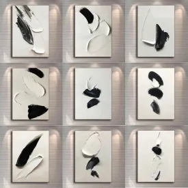 Modern Giclee Black and White Abstract Minimalist Art Canvas Prints | 3D Textured Wall Décor for Living Room