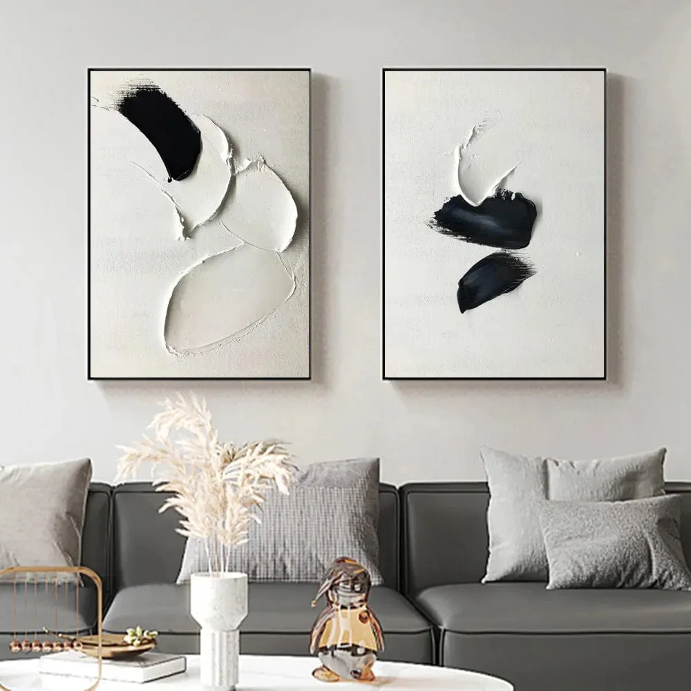 Modern Giclee Black and White Abstract Minimalist Art Canvas Prints | 3D Textured Wall Décor for Living Room