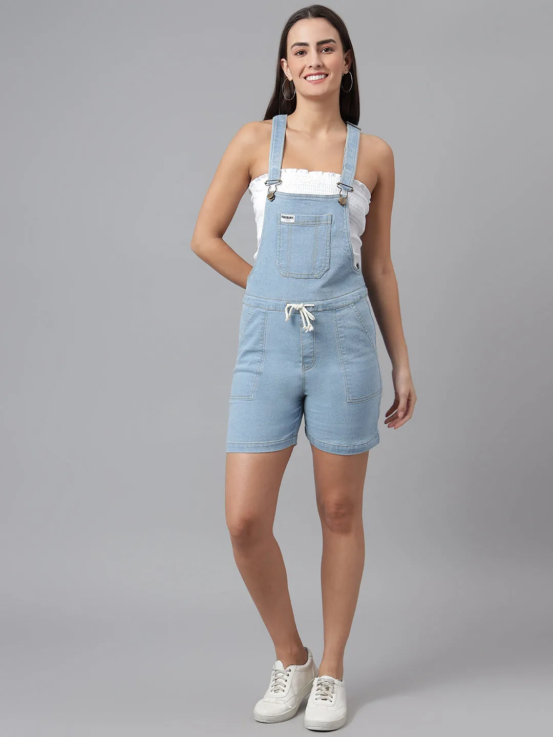 NaughtyDungaree® Women's Denim Dungaree Playsuit with Contrast White Stings
