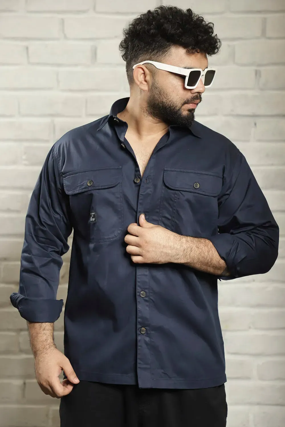 Navy Twill Cotton Solid Plain Shirt