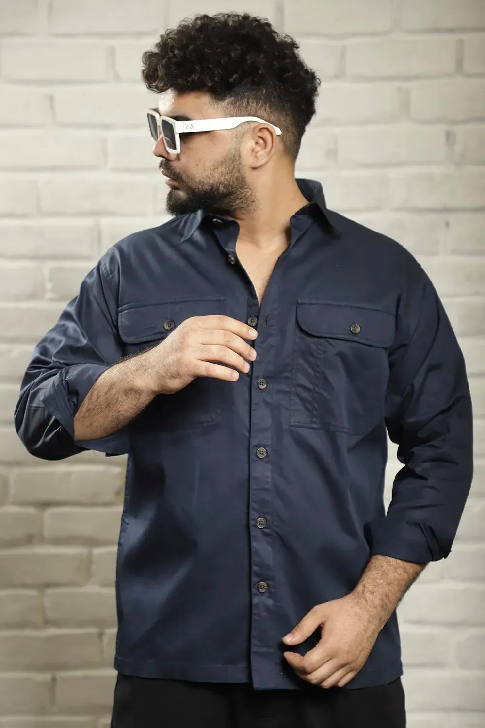 Navy Twill Cotton Solid Plain Shirt