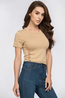 Rugged and Sexy Cropped T-Shirt in Nude with Distressed Detailing