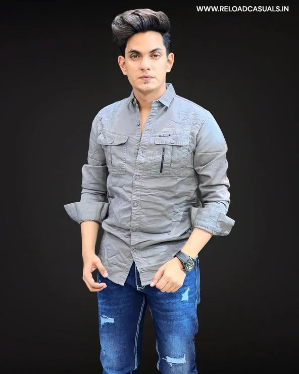 One Side Zip Pocket Denim Shirt