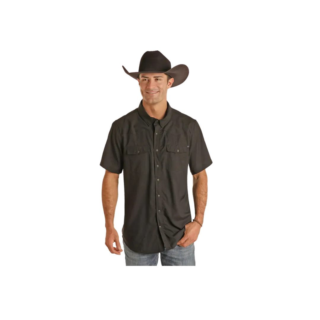 Panhandle Men's Rock Roll Denim Ripstop Short Sleeve Snap Black Shirt