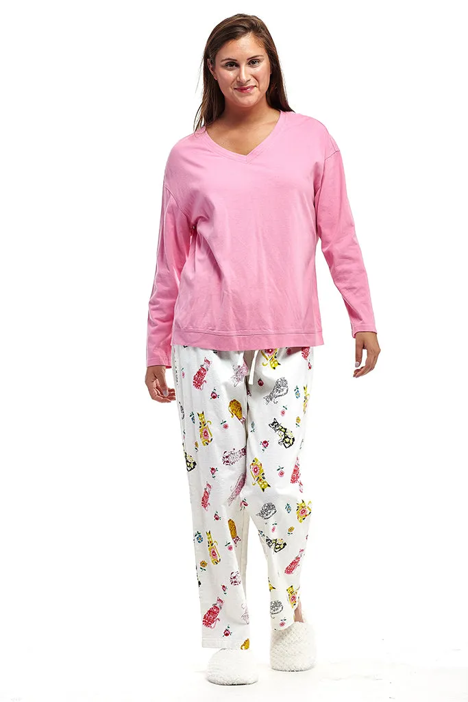 Pink Flannel Cat Print Plus Size Pajama Set