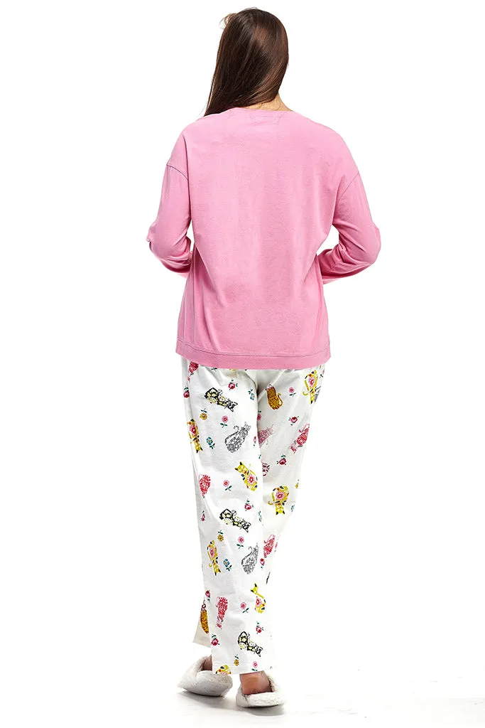 Pink Flannel Cat Print Plus Size Pajama Set