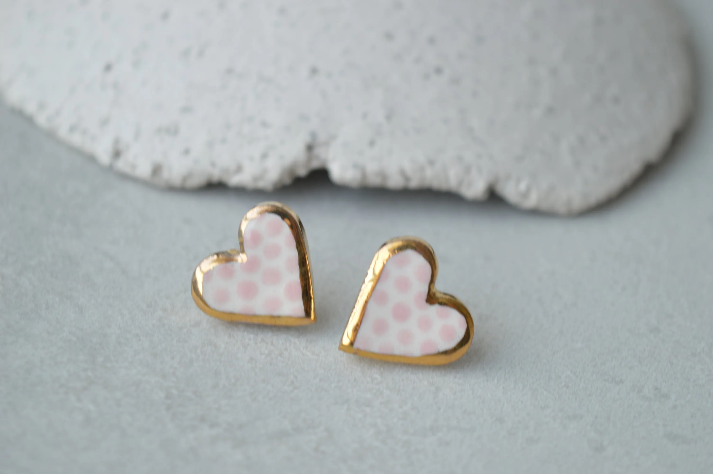 Pink polka dot heart studs