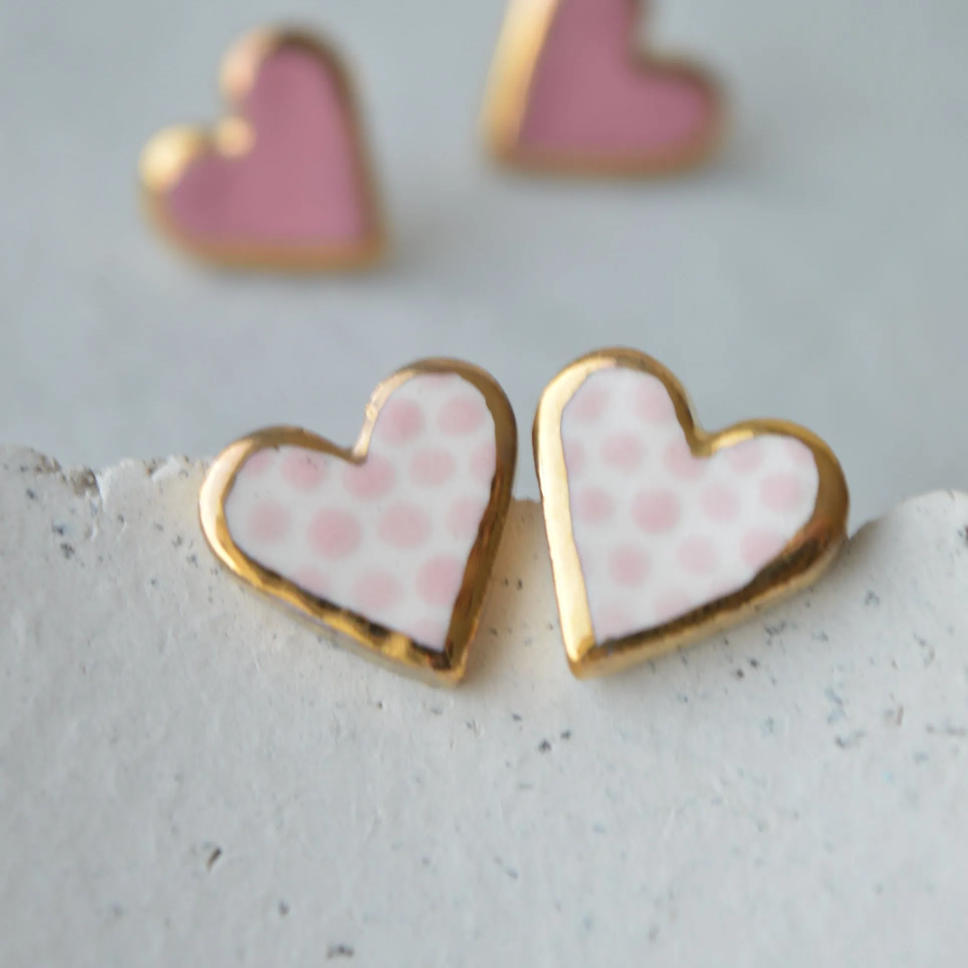 Pink polka dot heart studs