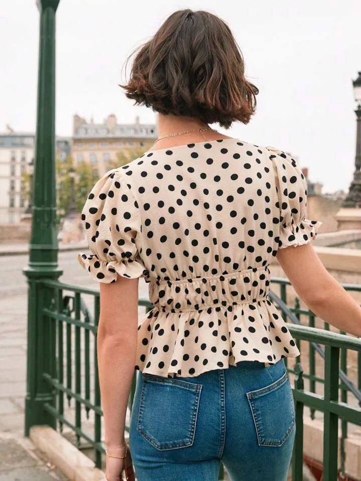 Polka dot print tie front ruffle hem blouse