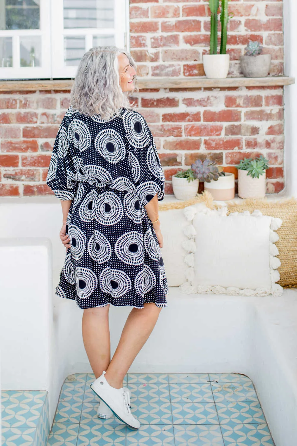 Polka Dot Short Kaftan Dress - Black & White