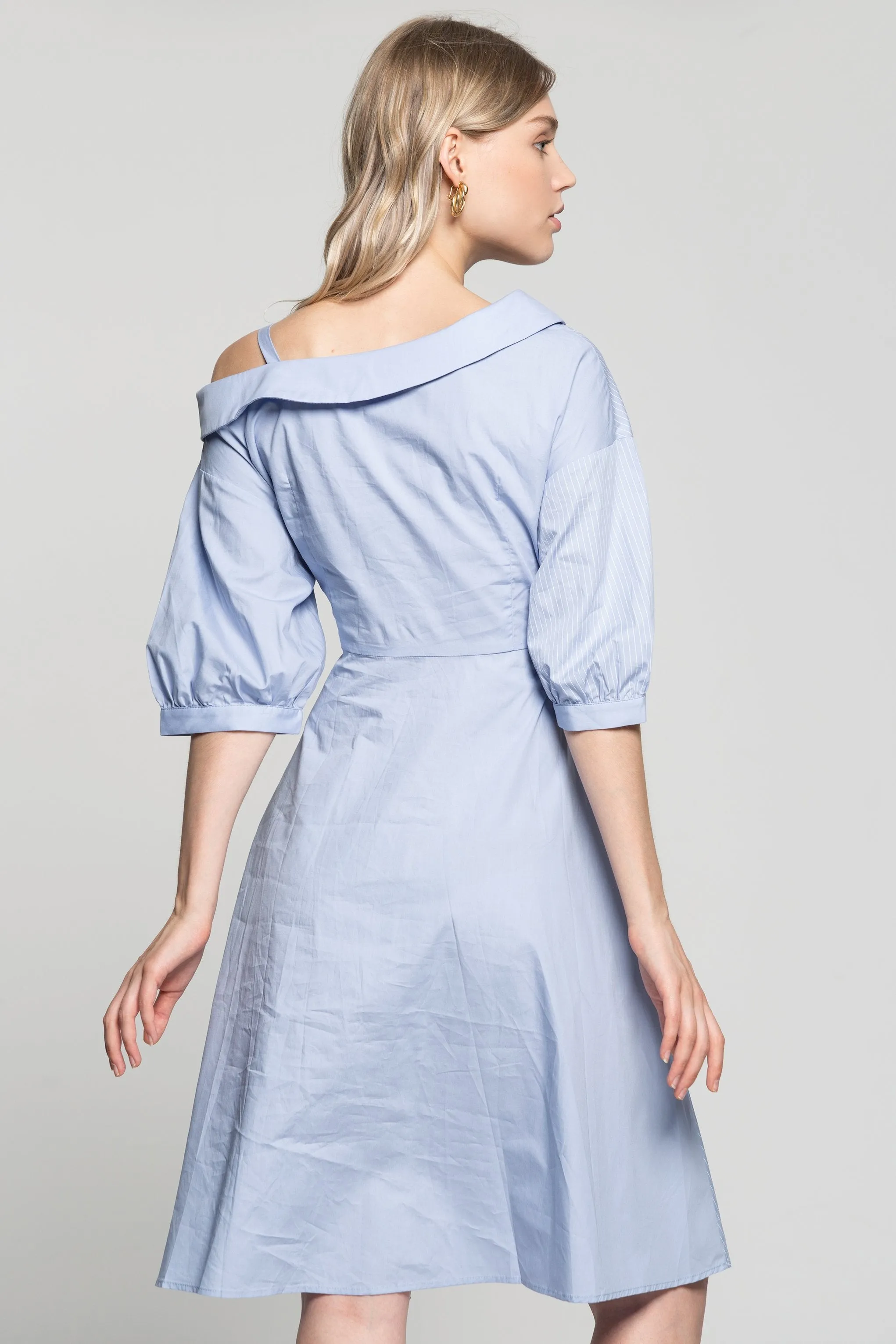 Powder Blue Pin Stripes Asymmetrical Sleeves Shirt Dress