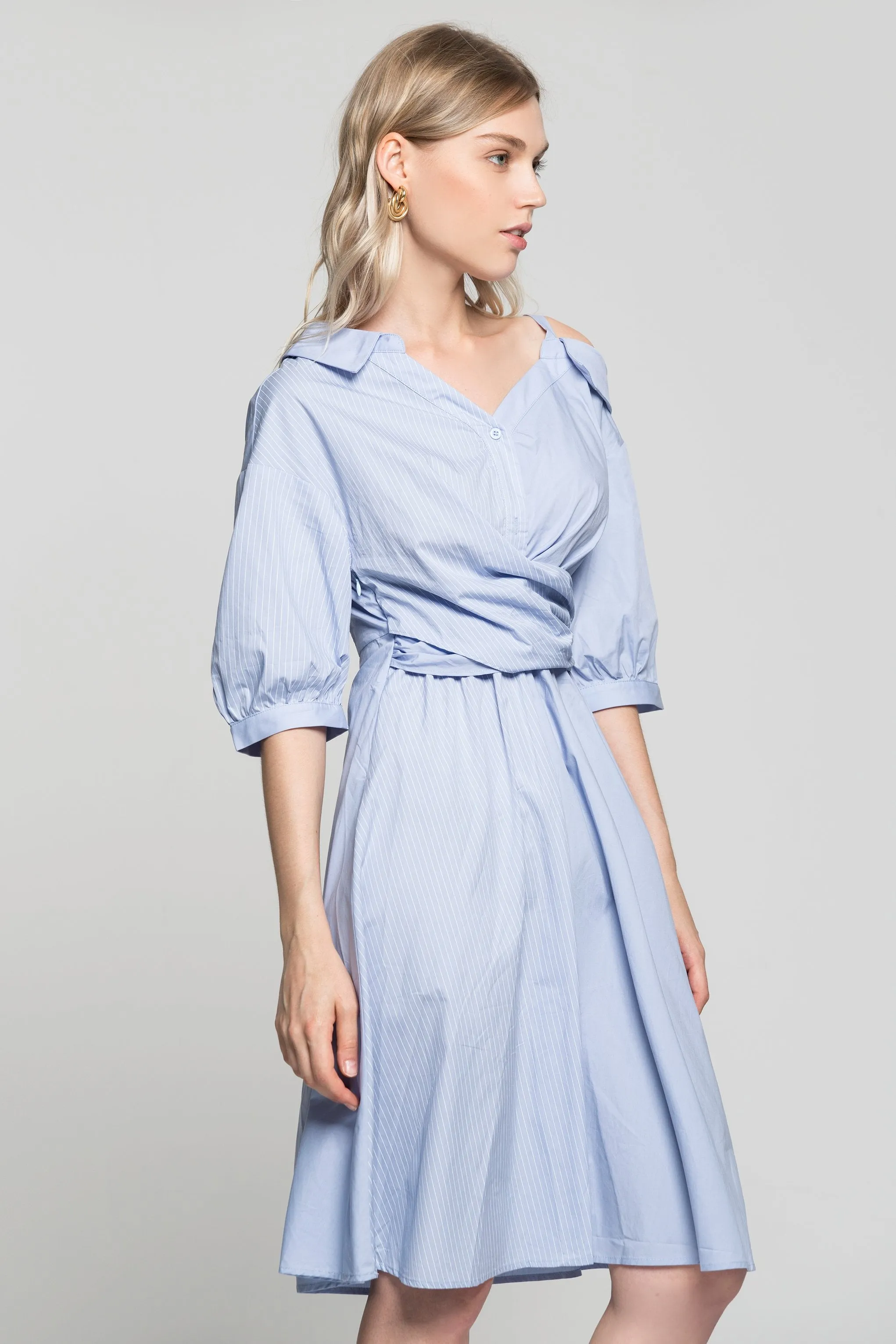 Powder Blue Pin Stripes Asymmetrical Sleeves Shirt Dress