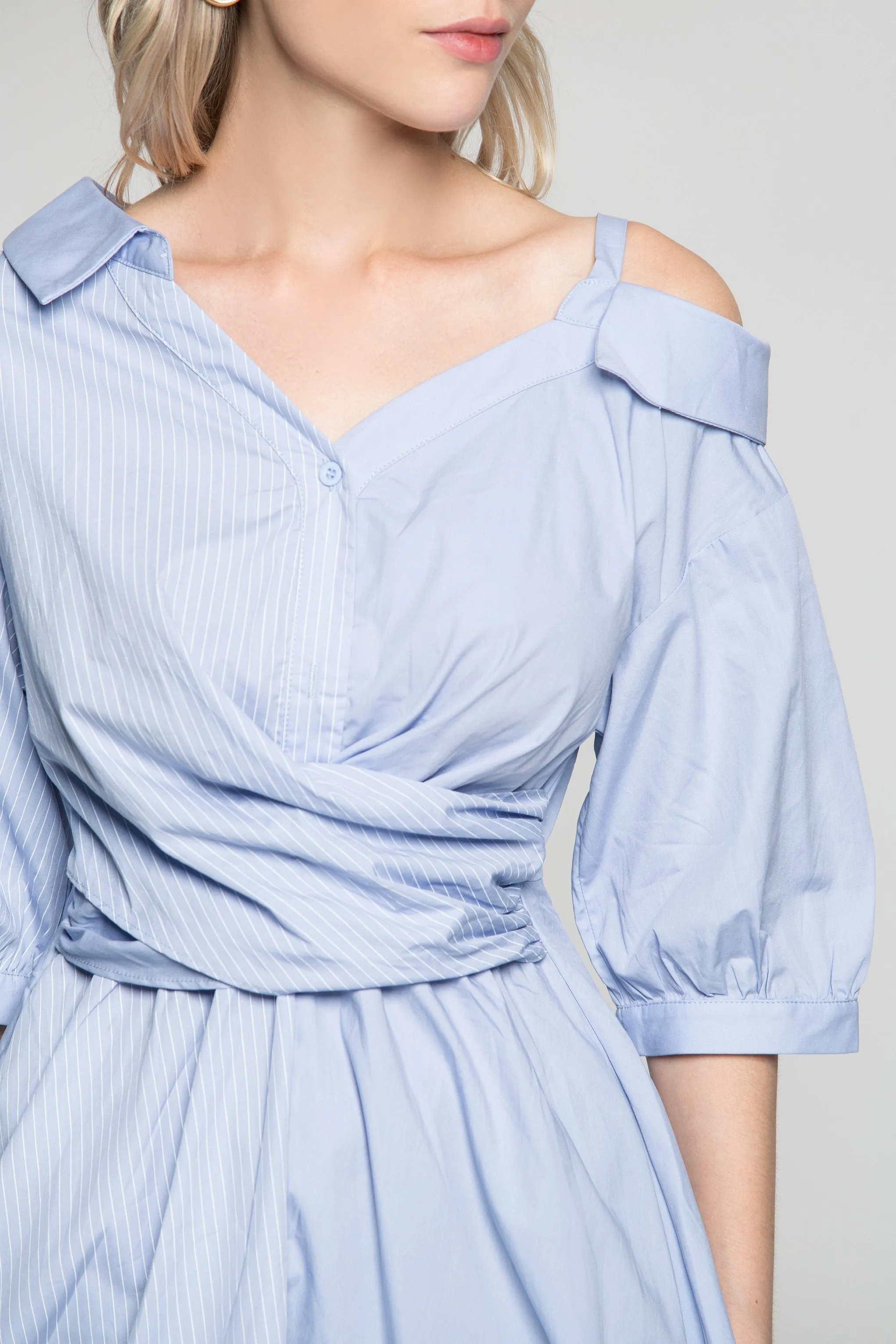 Powder Blue Pin Stripes Asymmetrical Sleeves Shirt Dress