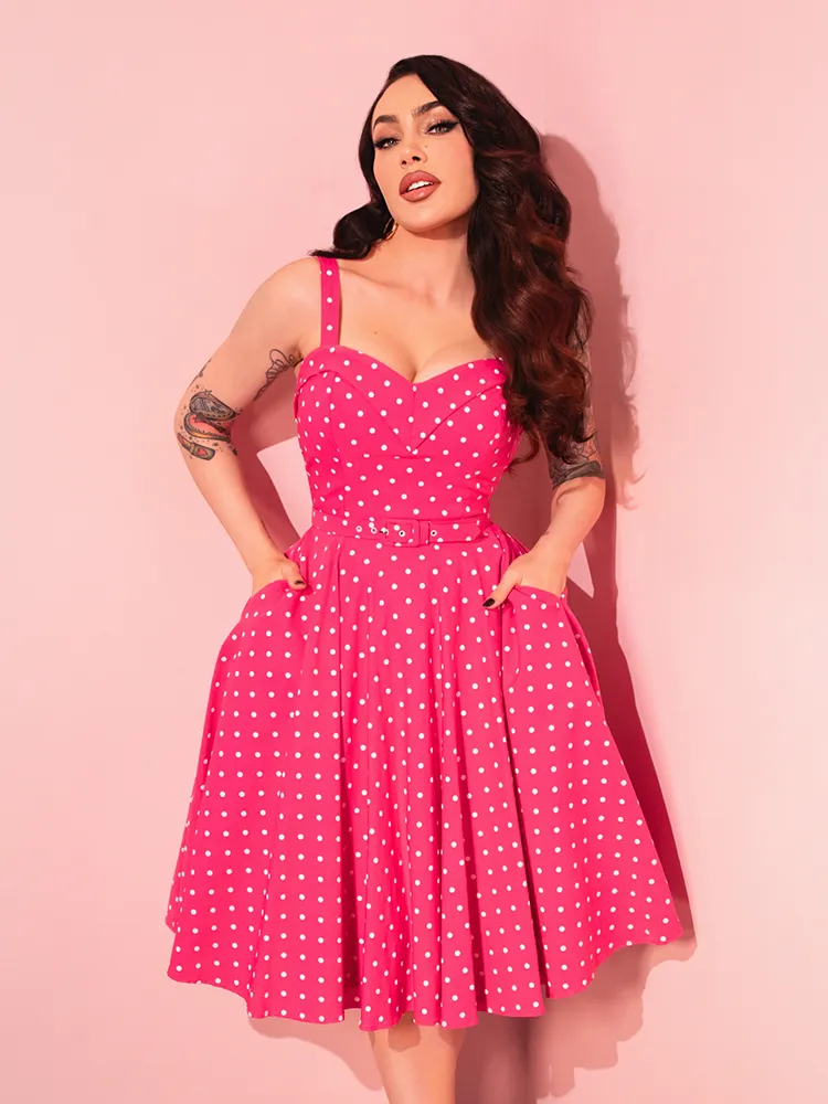 PRE-ORDER - Maneater Swing Dress in Hot Pink & White Polka Dot - Vixen by Micheline Pitt
