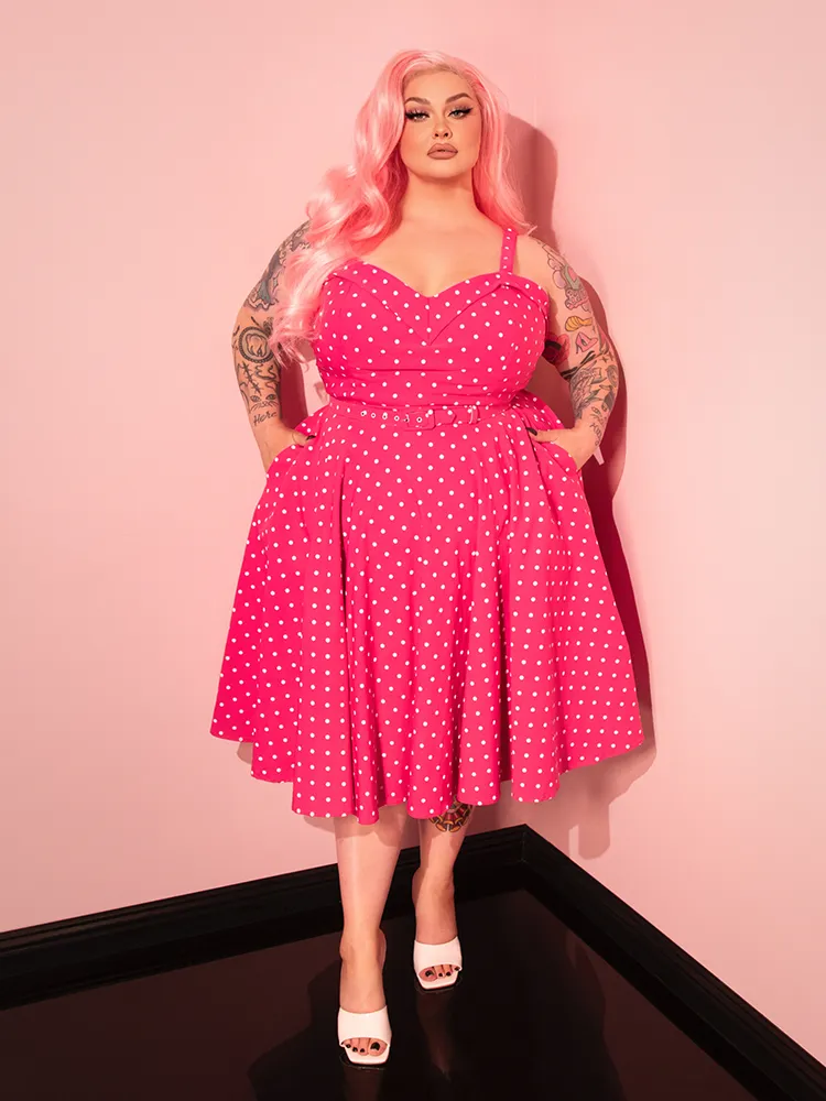 PRE-ORDER - Maneater Swing Dress in Hot Pink & White Polka Dot - Vixen by Micheline Pitt