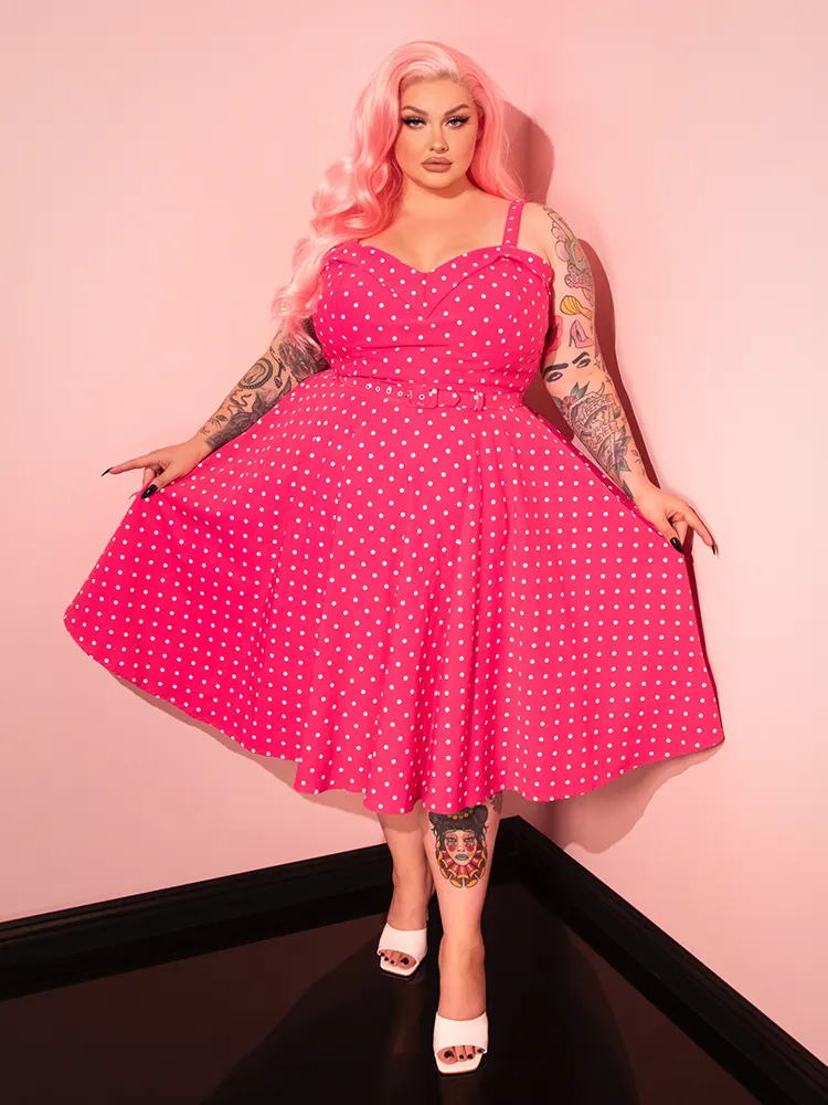 PRE-ORDER - Maneater Swing Dress in Hot Pink & White Polka Dot - Vixen by Micheline Pitt
