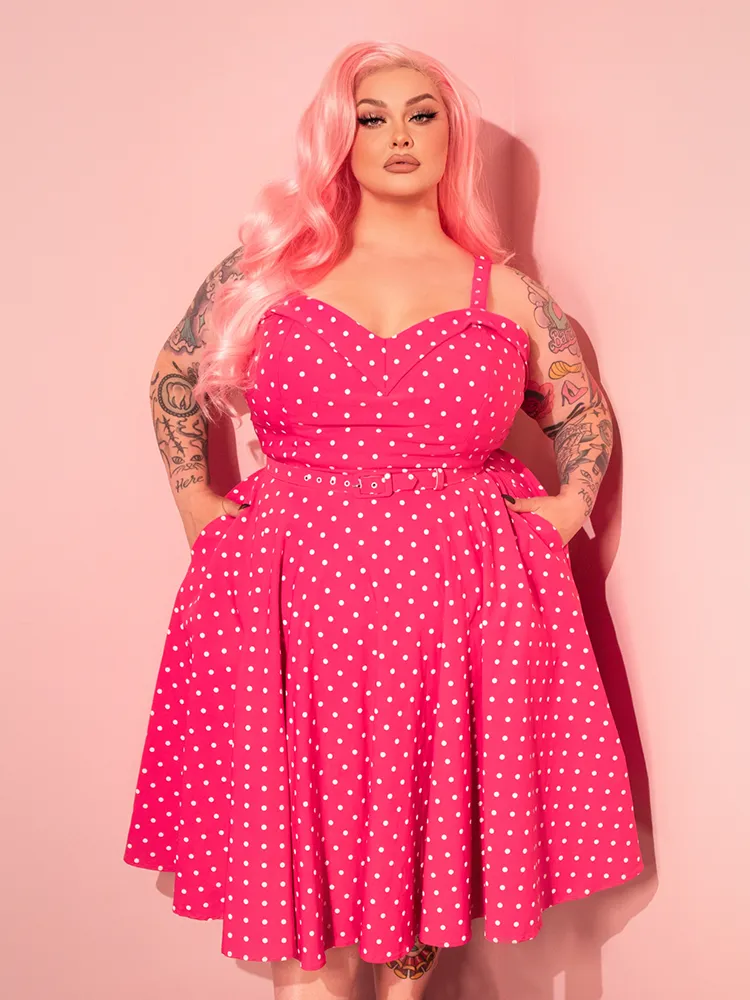 PRE-ORDER - Maneater Swing Dress in Hot Pink & White Polka Dot - Vixen by Micheline Pitt