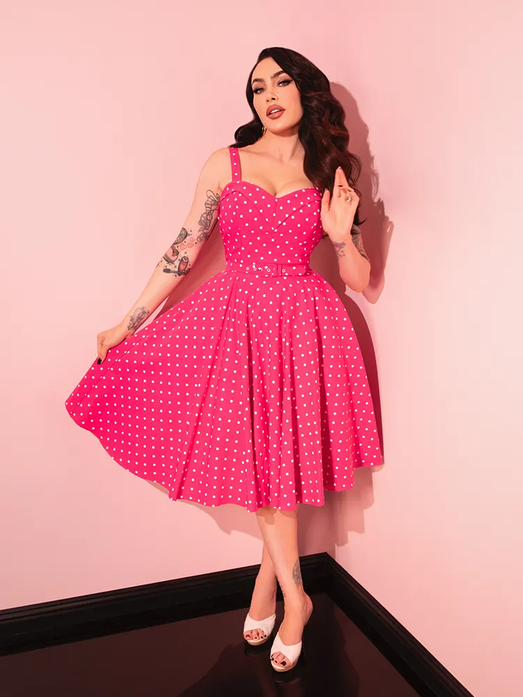 PRE-ORDER - Maneater Swing Dress in Hot Pink & White Polka Dot - Vixen by Micheline Pitt