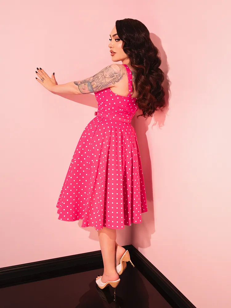 PRE-ORDER - Maneater Swing Dress in Hot Pink & White Polka Dot - Vixen by Micheline Pitt