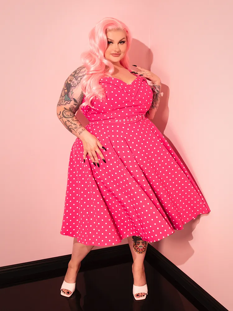 PRE-ORDER - Maneater Swing Dress in Hot Pink & White Polka Dot - Vixen by Micheline Pitt