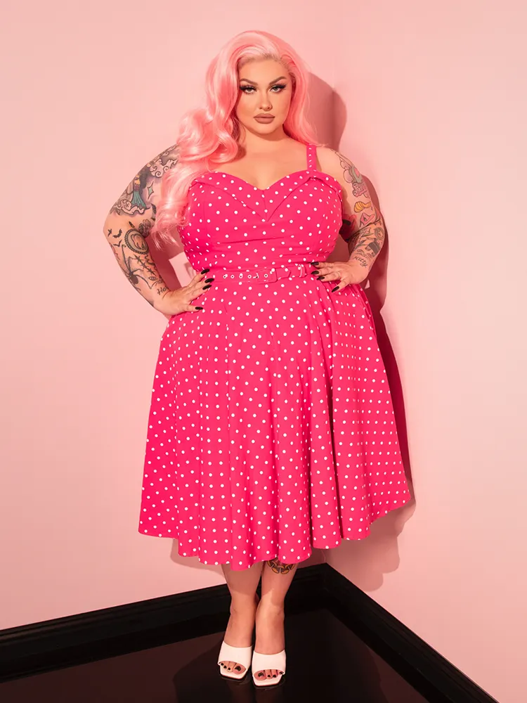 PRE-ORDER - Maneater Swing Dress in Hot Pink & White Polka Dot - Vixen by Micheline Pitt