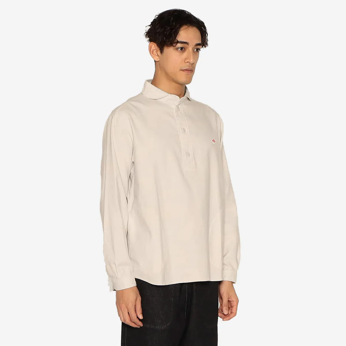 Pullover Round Collar Pocket Flannel Shirt - Grey Chambray