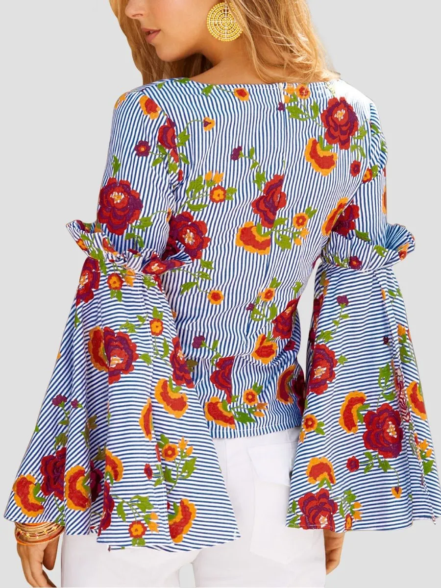 Red Flare Sleeve Floral Deep V-neck T-shirt