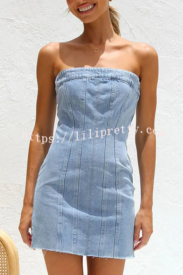 Sleeveless Backless Wrapped Bust Concealed Zip Denim Mini Dress