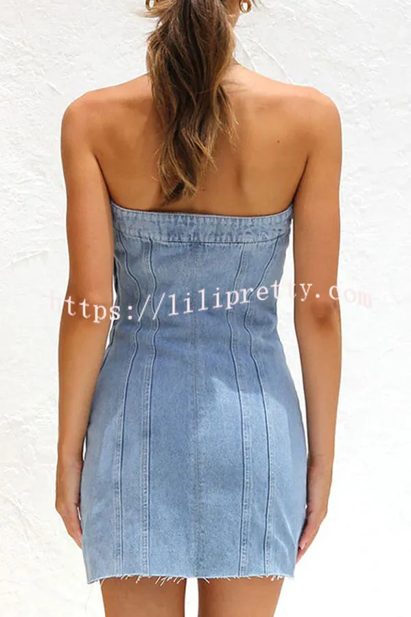 Sleeveless Backless Wrapped Bust Concealed Zip Denim Mini Dress