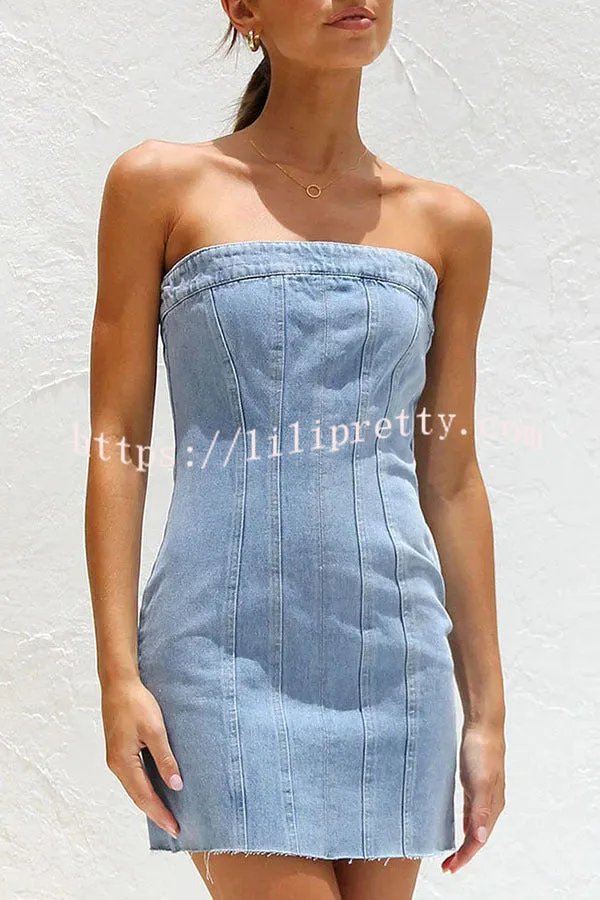 Sleeveless Backless Wrapped Bust Concealed Zip Denim Mini Dress