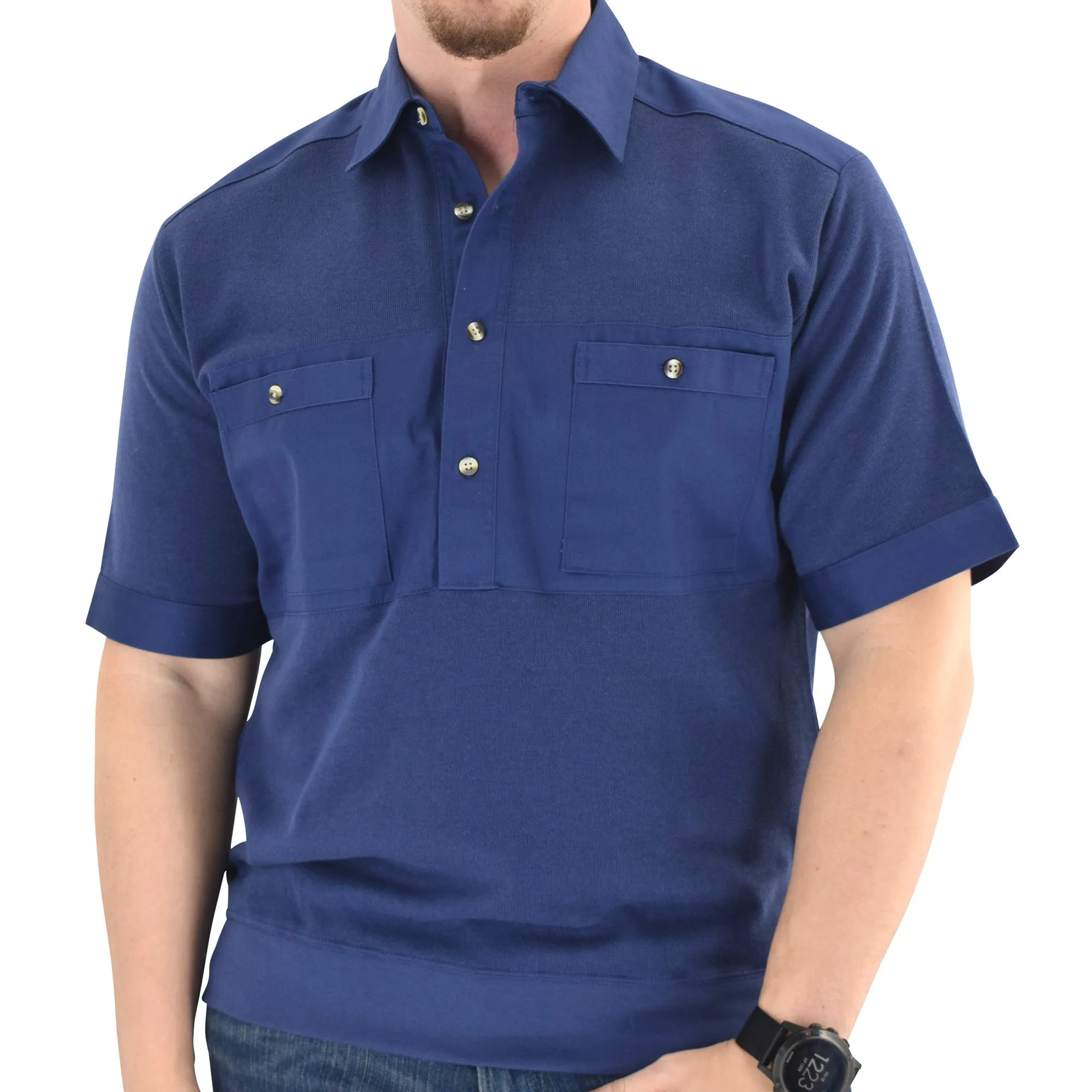 Solid Knit Banded Bottom Shirt with Woven Chest Panel 6041-22N Big and Tall - Navy