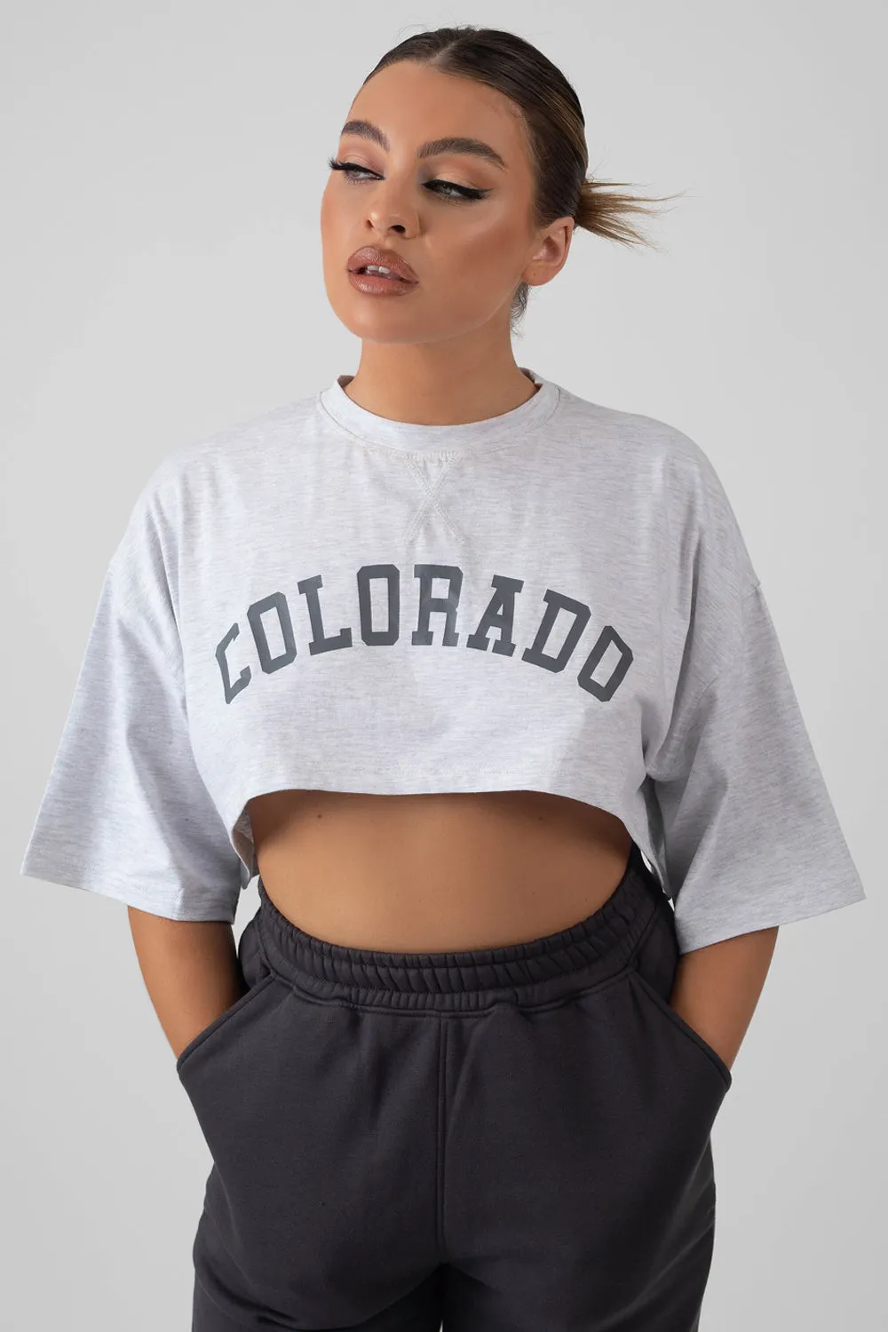 Super Cropped Printed T Shirt Grey