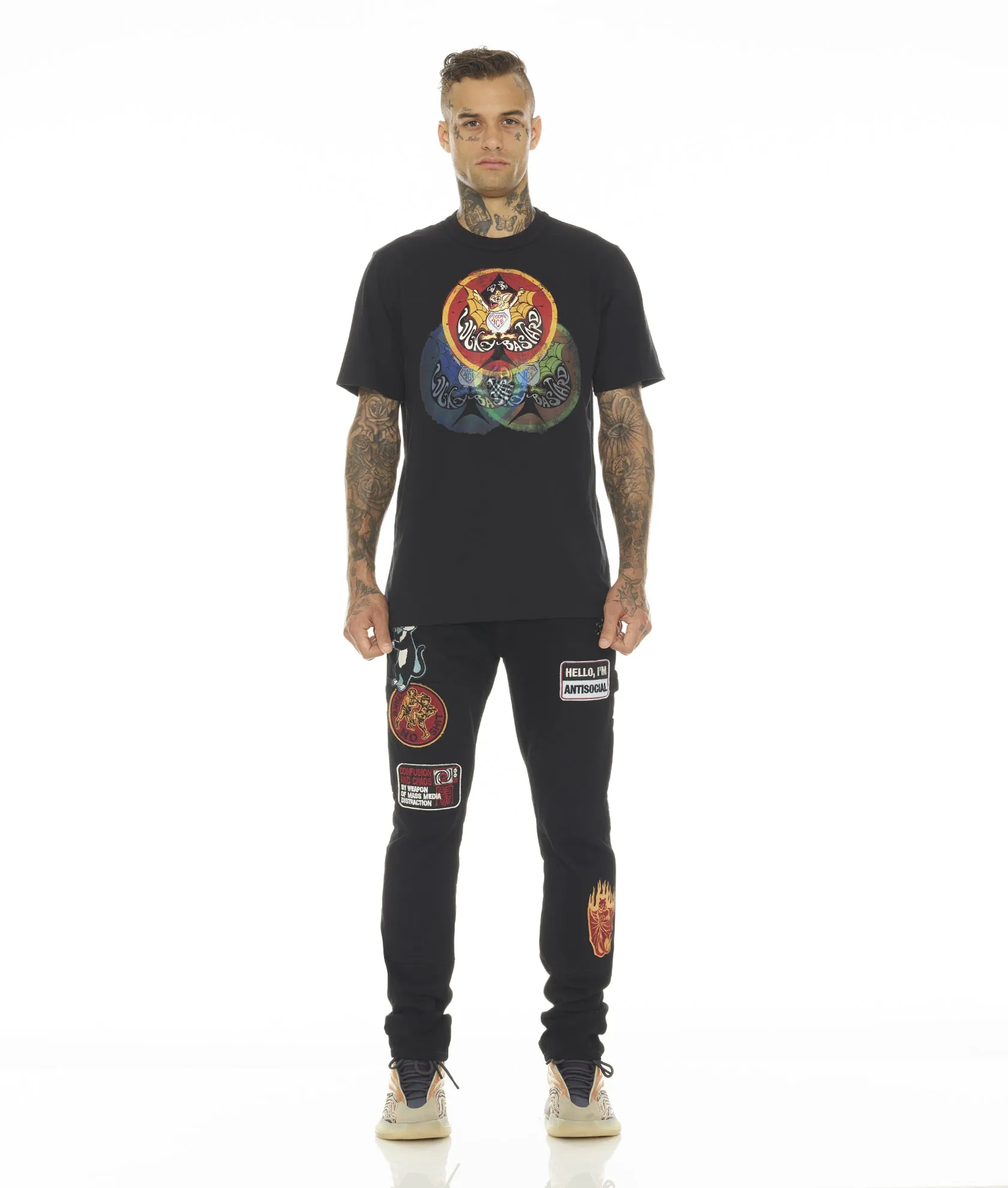 T-SHIRT SHORT SLEEVE CREW NECK TEE  "LUCKY BASTARD ACE" IN BLACK