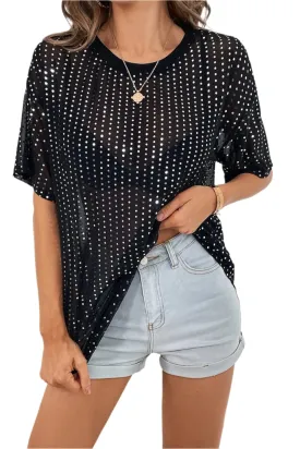TEEK - Black Polka Dot Rhinestone Half Sleeve Shirt