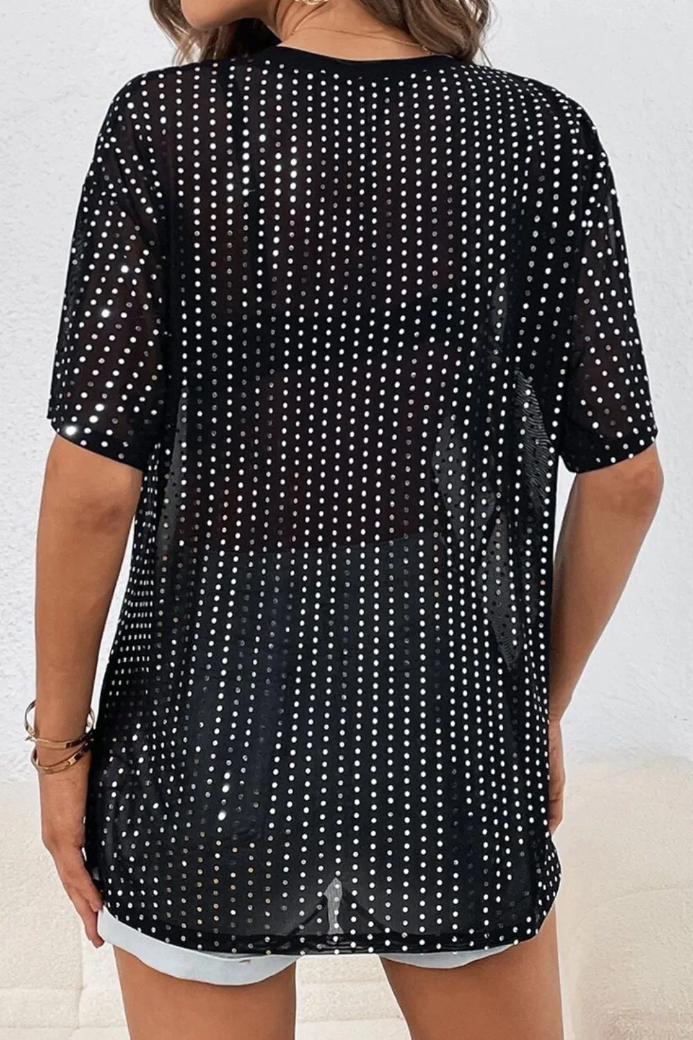 TEEK - Black Polka Dot Rhinestone Half Sleeve Shirt