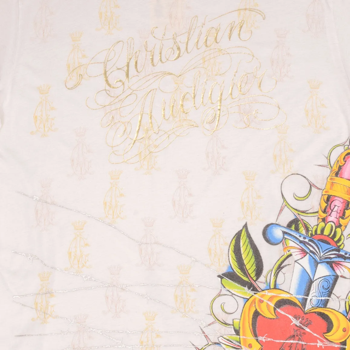 VINTAGE CHRISTIAN AUDIGER ALL OVER PRINT TEE SHIRT 2000S SIZE LARGE MADE IN USA