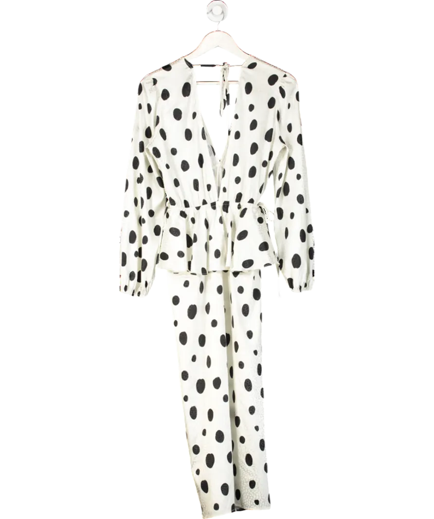 White Polka Dot Jacquard Ruffle Midi Dress UK S